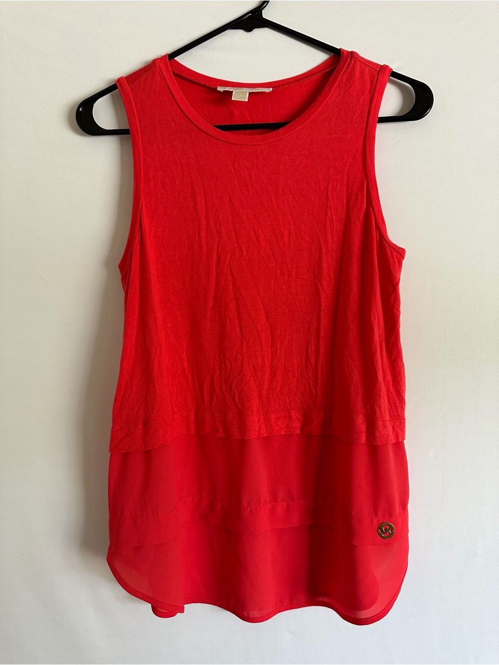 Michael Kors Women's Tunic Top Coral Red, Sleeveless, Tiered Hem Blouse Size S